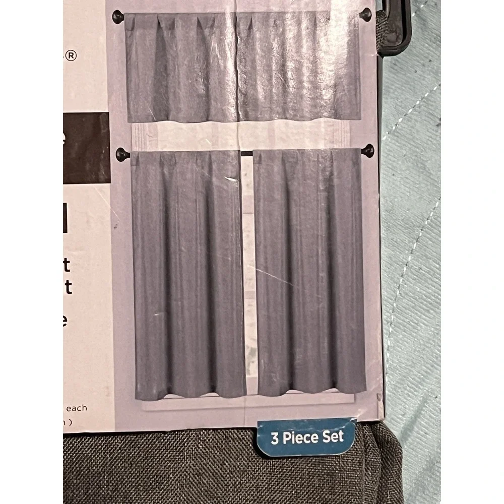 COMFORT BAY~GRAY~TEXTURED~3 PIECE TIER & VALANCE CURTAIN SET~NEW~ROD POCKET‎